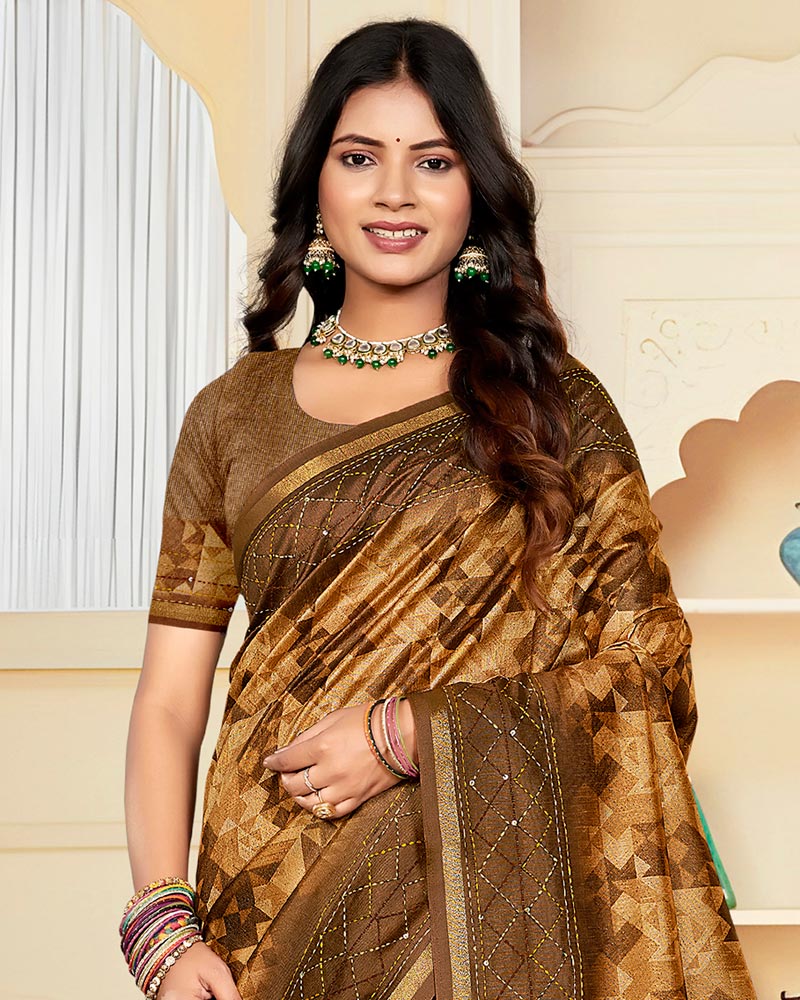 Vishal Prints Brownish Orange Digital Print Tussar Silk Saree With Katha Work