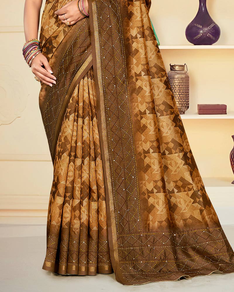 Vishal Prints Brownish Orange Digital Print Tussar Silk Saree With Katha Work