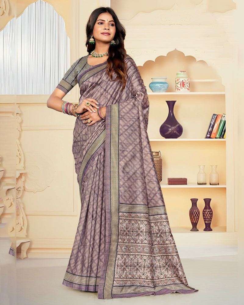 Vishal Prints Pinkish Grey Digital Print Tussar Silk Saree With Katha Work