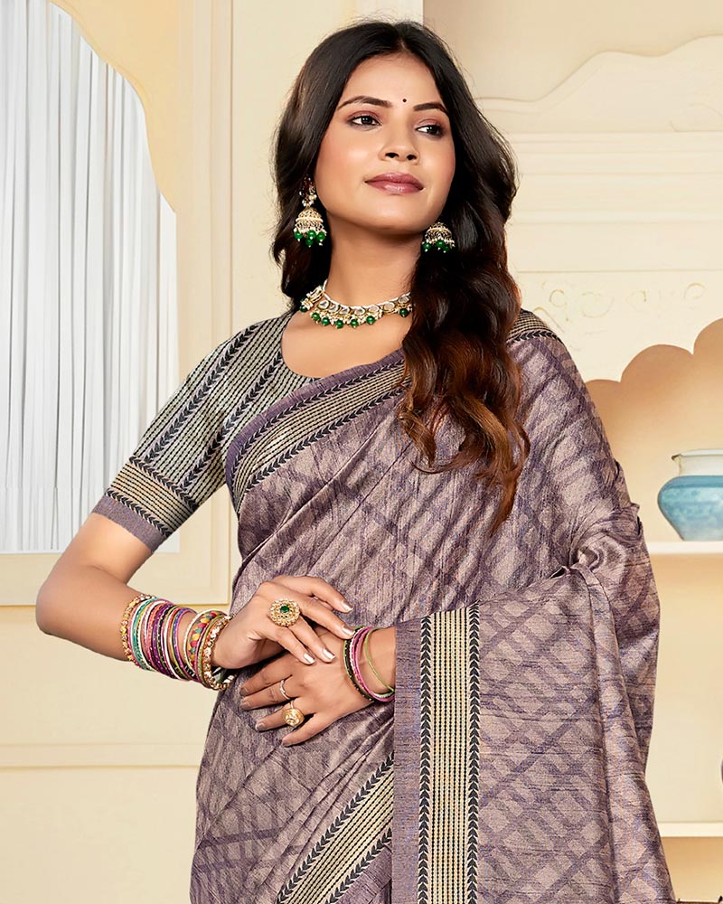 Vishal Prints Pinkish Grey Digital Print Tussar Silk Saree With Katha Work