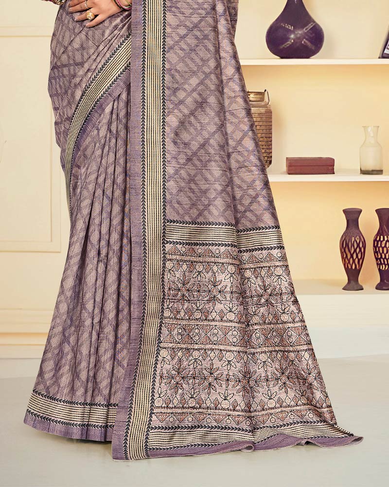 Vishal Prints Pinkish Grey Digital Print Tussar Silk Saree With Katha Work