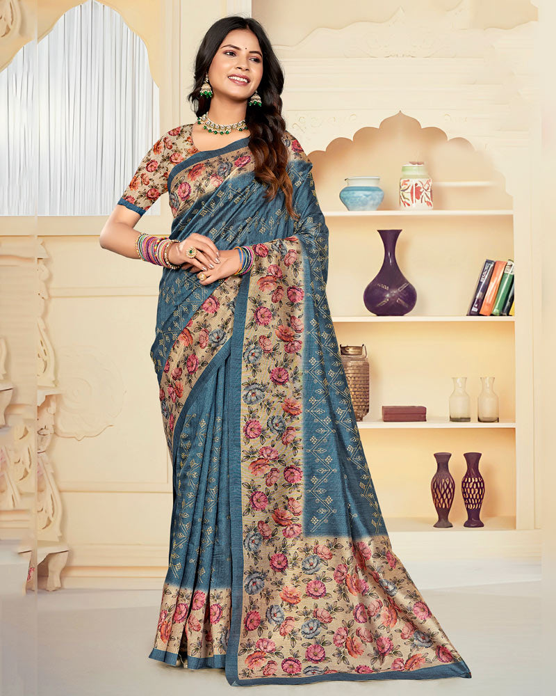 Vishal Prints Marble Blue Digital Print Tussar Silk Saree With Katha Work
