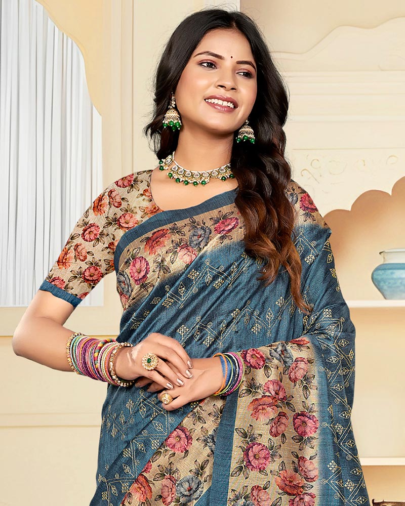 Vishal Prints Marble Blue Digital Print Tussar Silk Saree With Katha Work