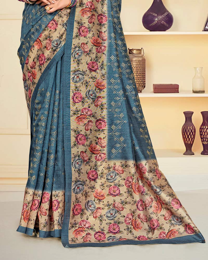 Vishal Prints Marble Blue Digital Print Tussar Silk Saree With Katha Work
