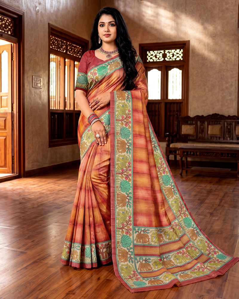 Vishal Prints Rusty Orange Digital Print Tussar Silk Saree With Katha Work