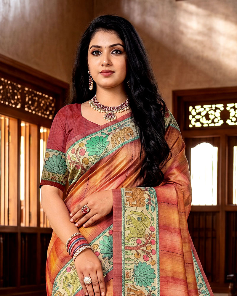 Vishal Prints Rusty Orange Digital Print Tussar Silk Saree With Katha Work