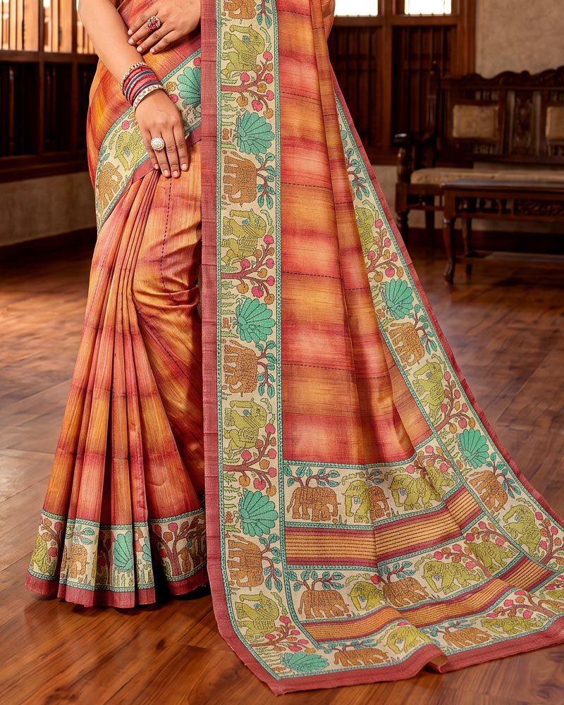 Vishal Prints Rusty Orange Digital Print Tussar Silk Saree With Katha Work