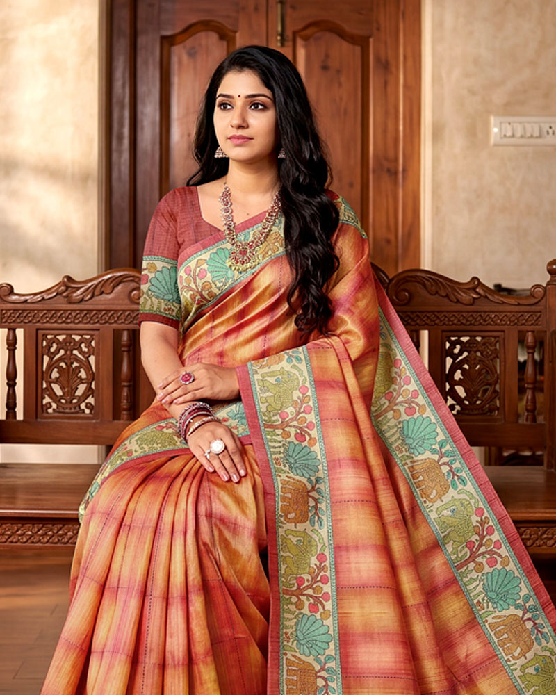 Vishal Prints Rusty Orange Digital Print Tussar Silk Saree With Katha Work
