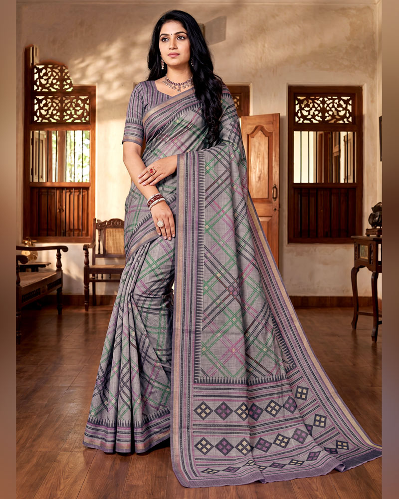 Vishal Prints Light Purple Grey Digital Print Tussar Silk Saree With Katha Work