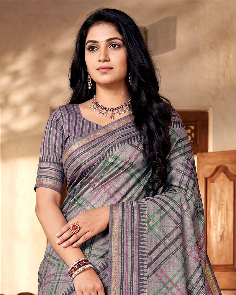 Vishal Prints Light Purple Grey Digital Print Tussar Silk Saree With Katha Work