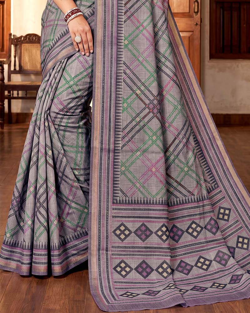 Vishal Prints Light Purple Grey Digital Print Tussar Silk Saree With Katha Work