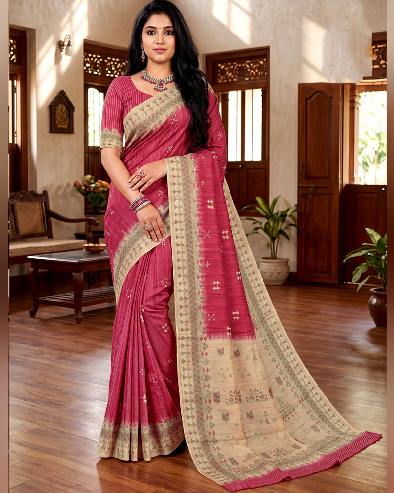 Vishal Prints Light Burgundy Digital Print Tussar Silk Saree With Katha Work