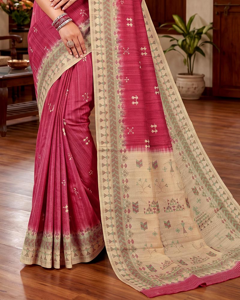 Vishal Prints Light Burgundy Digital Print Tussar Silk Saree With Katha Work