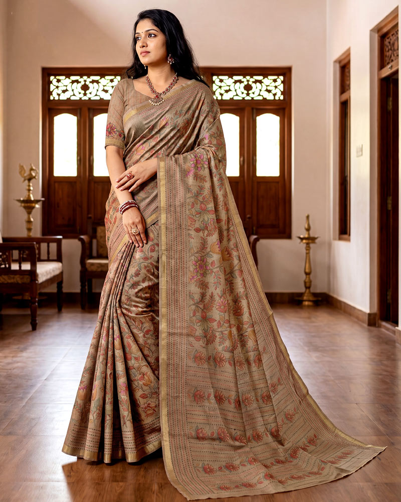 Vishal Prints Dusty Brown Digital Print Tussar Silk Saree With Katha Work