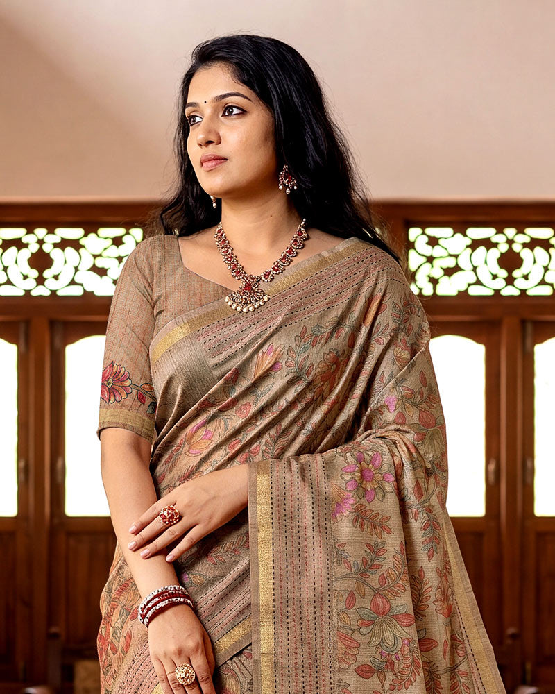 Vishal Prints Dusty Brown Digital Print Tussar Silk Saree With Katha Work