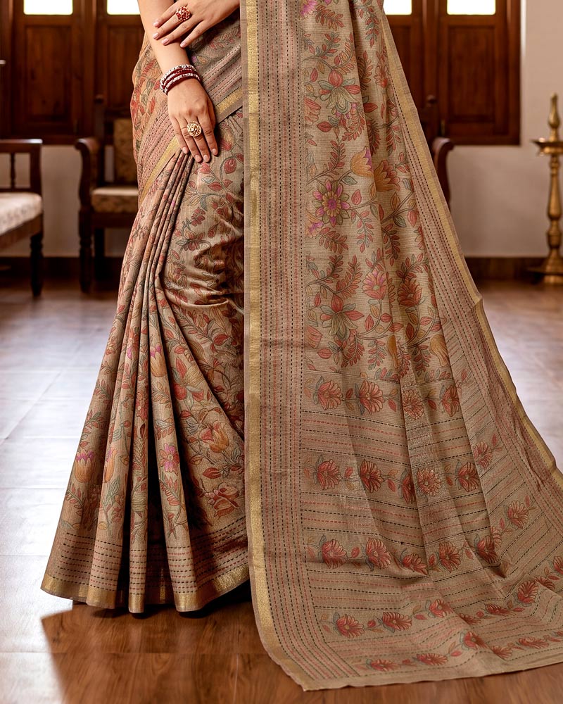 Vishal Prints Dusty Brown Digital Print Tussar Silk Saree With Katha Work