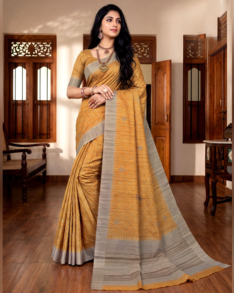 Vishal Prints Light Dusty Orange Digital Print Tussar Silk Saree With Katha Work