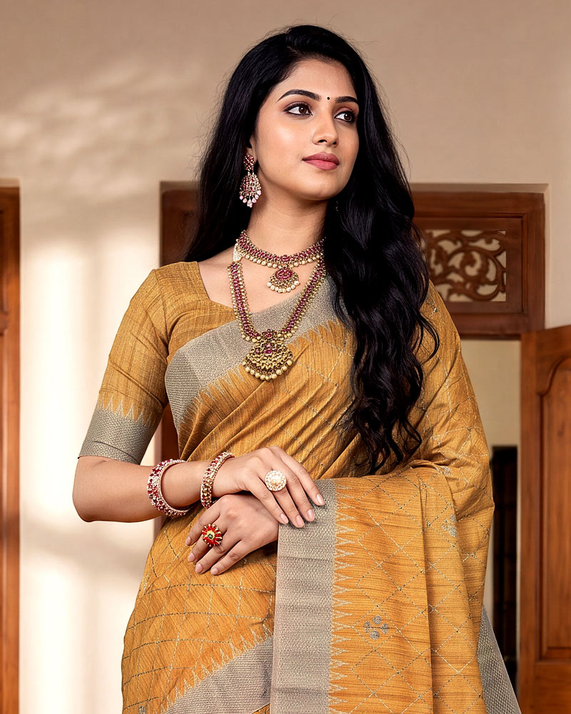 Vishal Prints Light Dusty Orange Digital Print Tussar Silk Saree With Katha Work