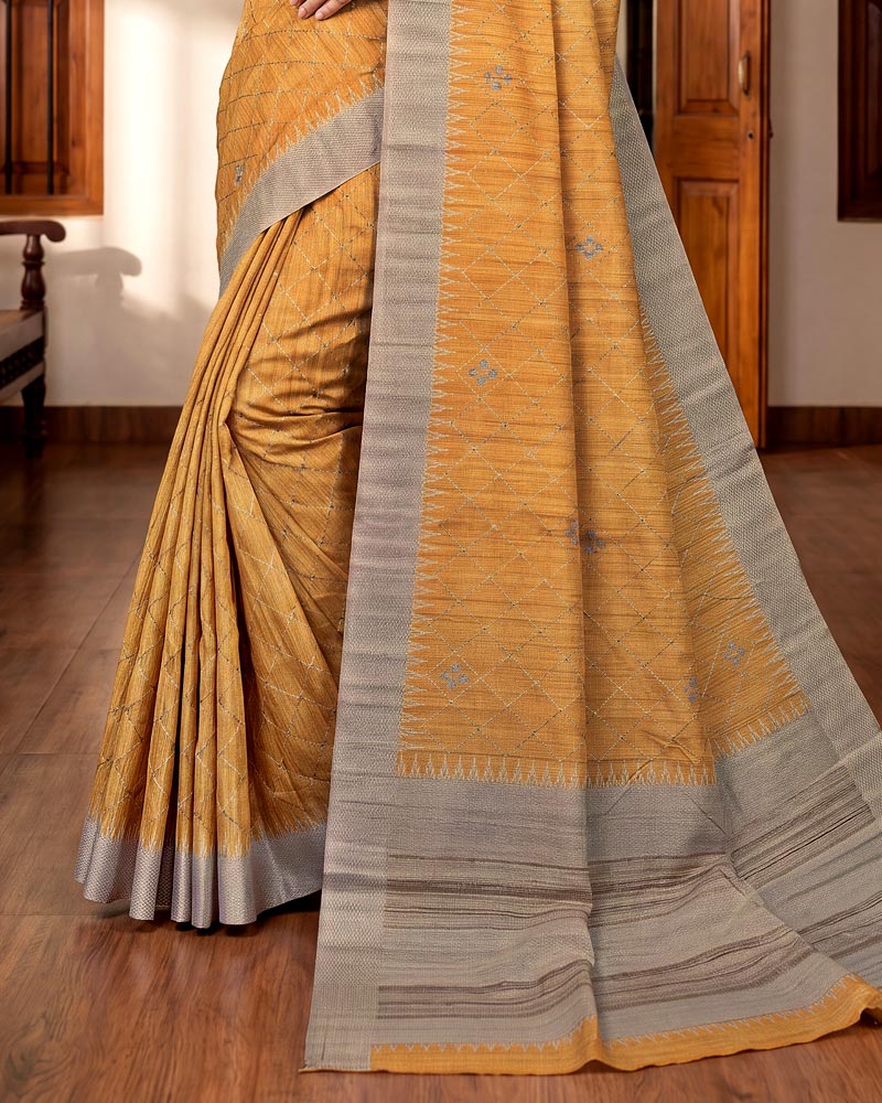 Vishal Prints Light Dusty Orange Digital Print Tussar Silk Saree With Katha Work
