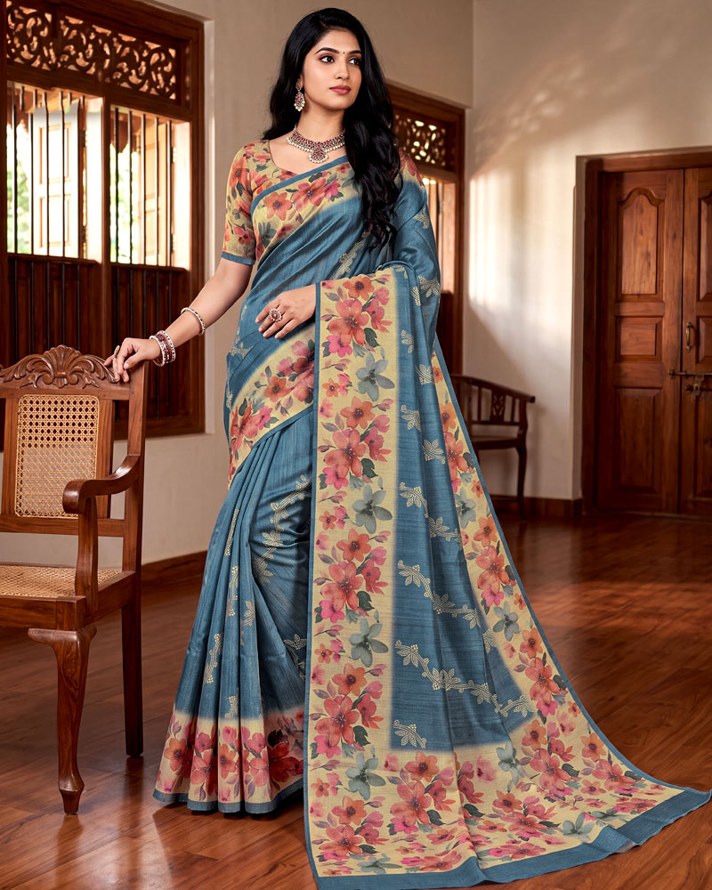 Vishal Prints Metallic Grey Blue Digital Print Tussar Silk Saree With Katha Work