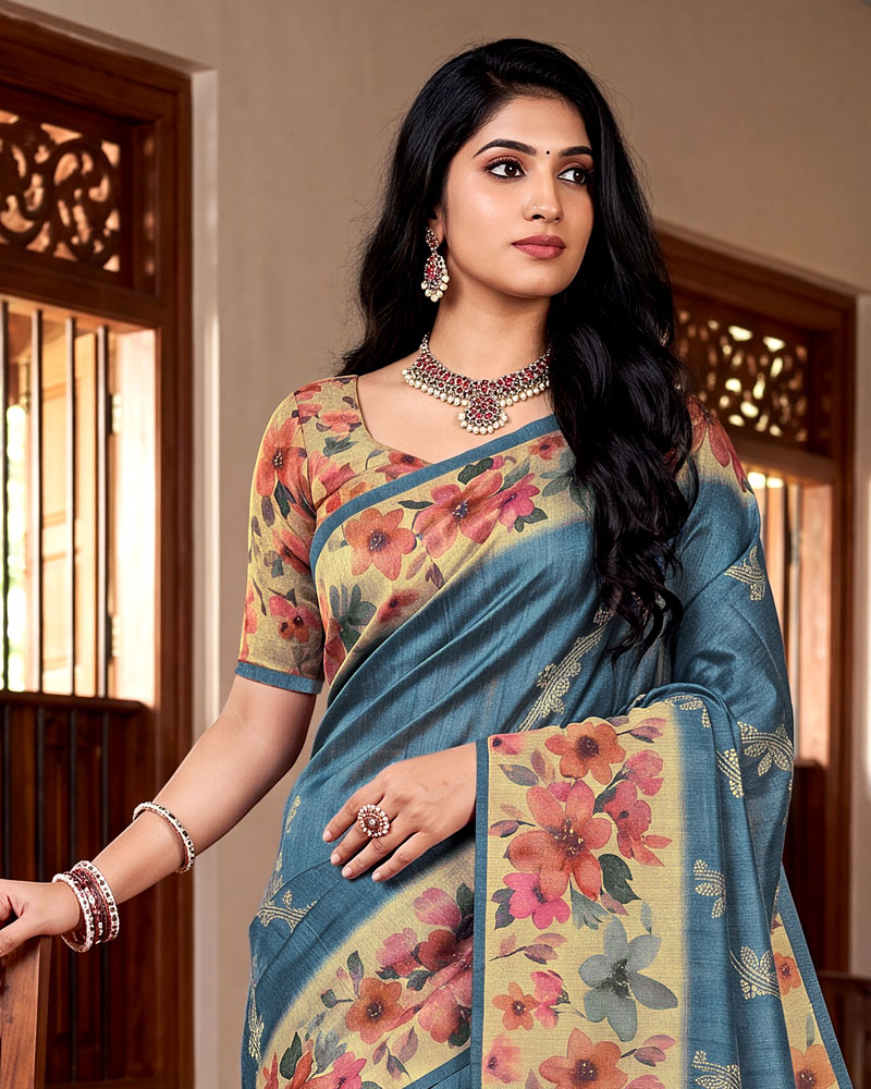 Vishal Prints Metallic Grey Blue Digital Print Tussar Silk Saree With Katha Work