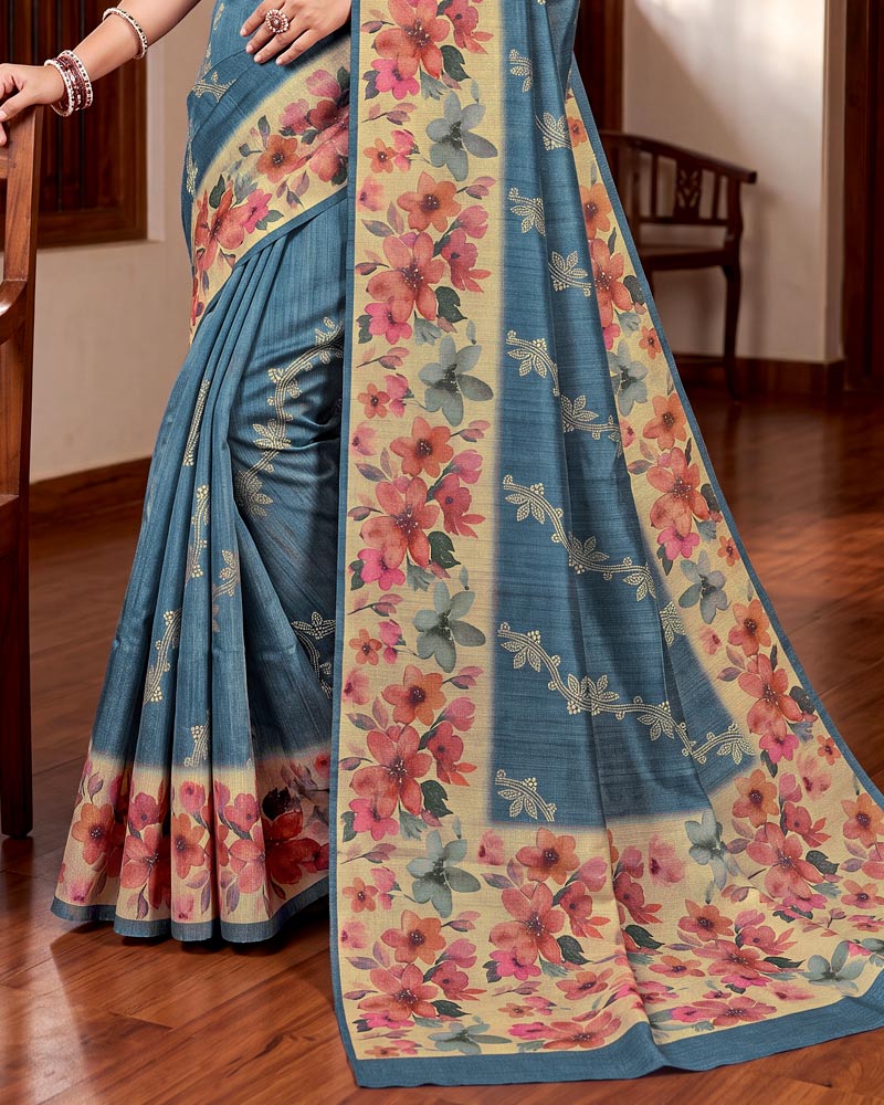Vishal Prints Metallic Grey Blue Digital Print Tussar Silk Saree With Katha Work