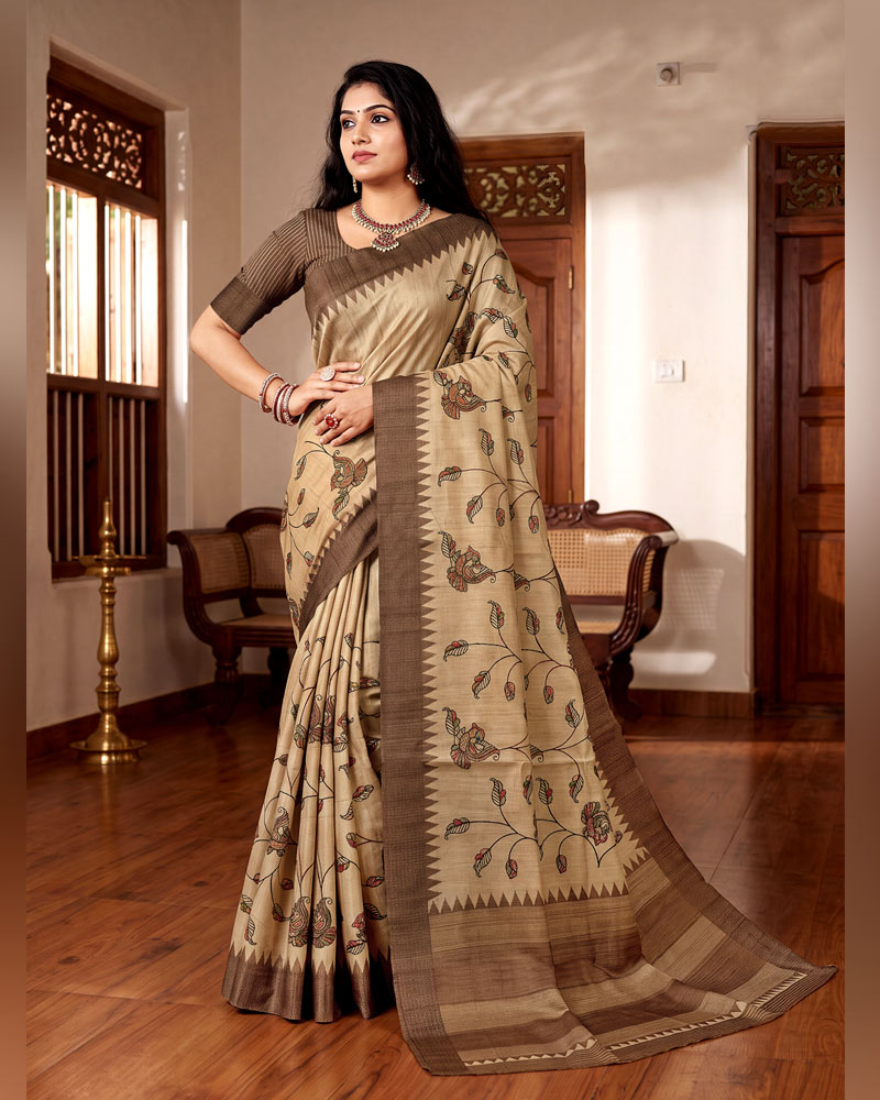 Vishal Prints Pastel Beige Digital Print Tussar Silk Saree With Katha Work