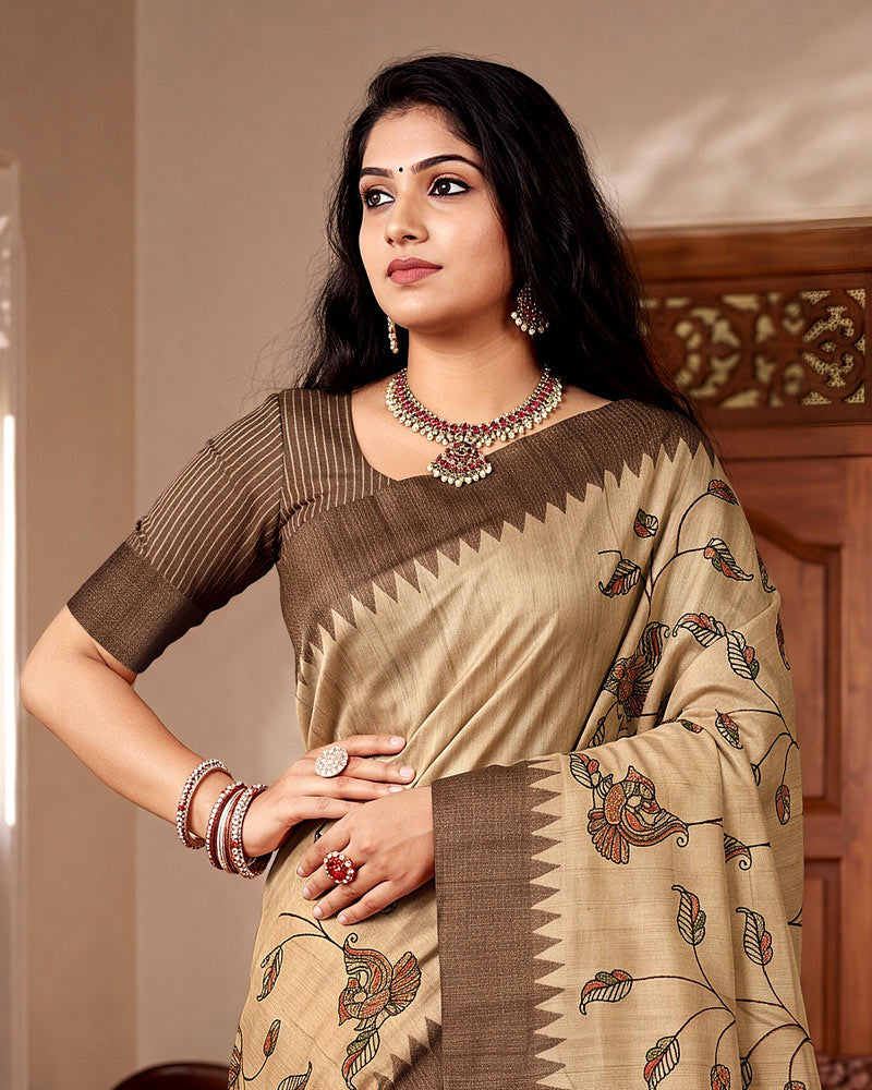 Vishal Prints Pastel Beige Digital Print Tussar Silk Saree With Katha Work
