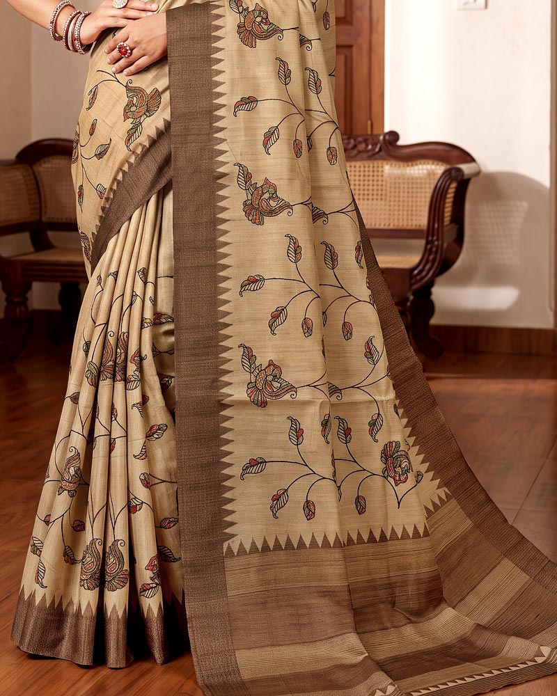 Vishal Prints Pastel Beige Digital Print Tussar Silk Saree With Katha Work