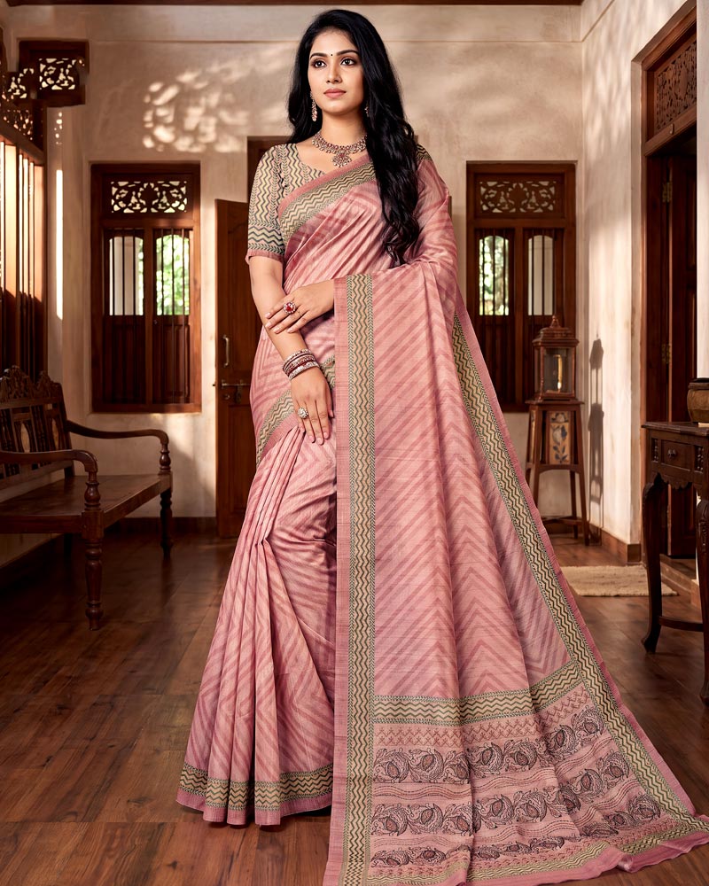 Vishal Prints Light Salmon Pink Digital Print Tussar Silk Saree With Katha Work