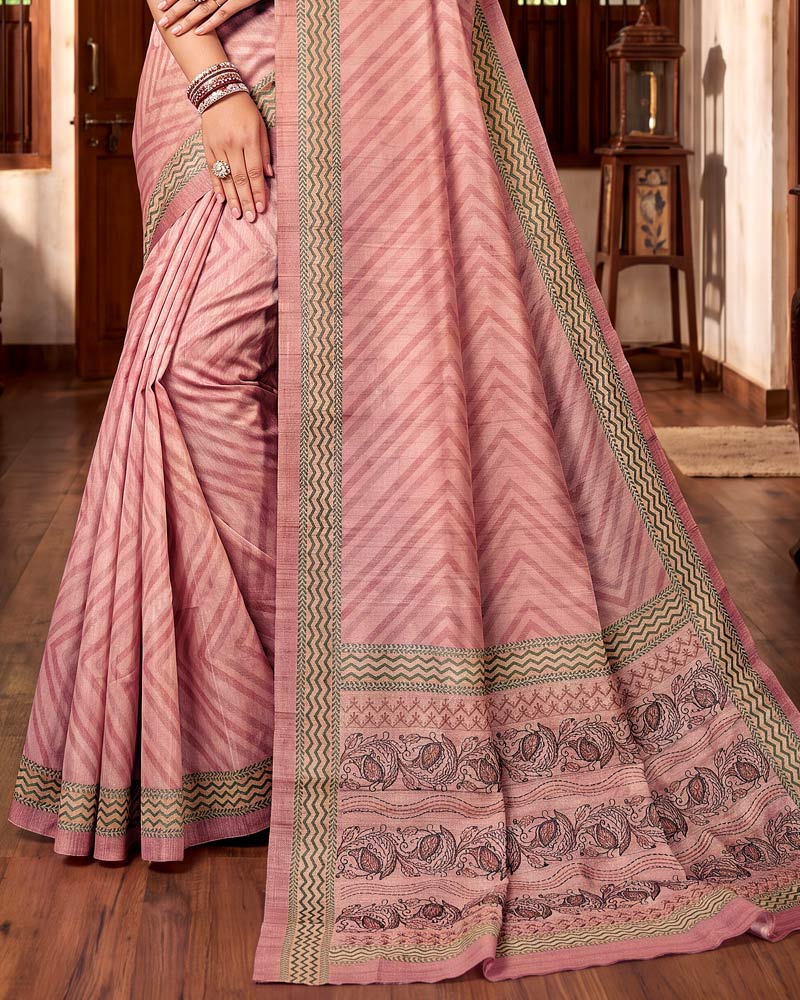 Vishal Prints Light Salmon Pink Digital Print Tussar Silk Saree With Katha Work