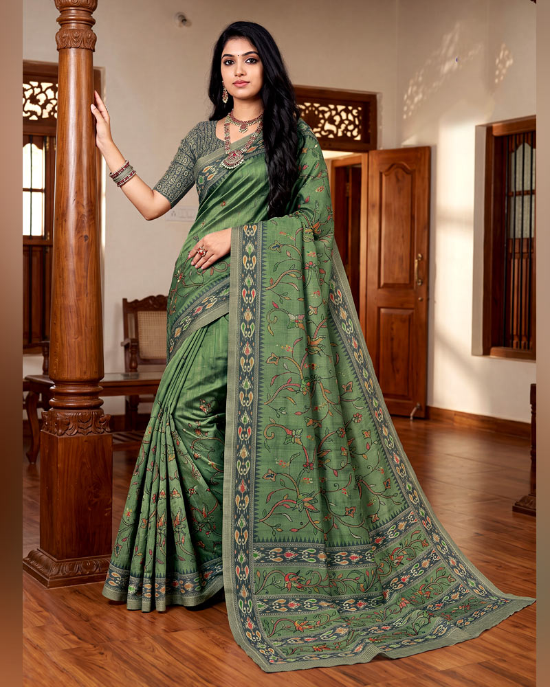 Vishal Prints Dark Sage Green Digital Print Tussar Silk Saree With Katha Work