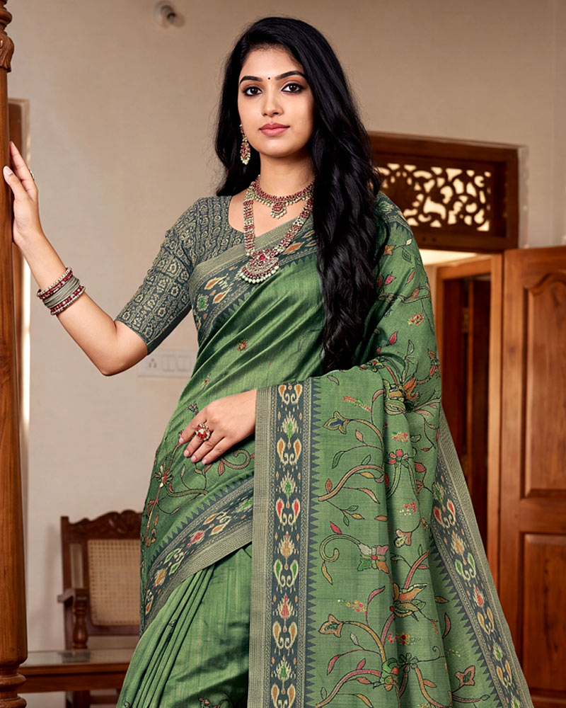 Vishal Prints Dark Sage Green Digital Print Tussar Silk Saree With Katha Work