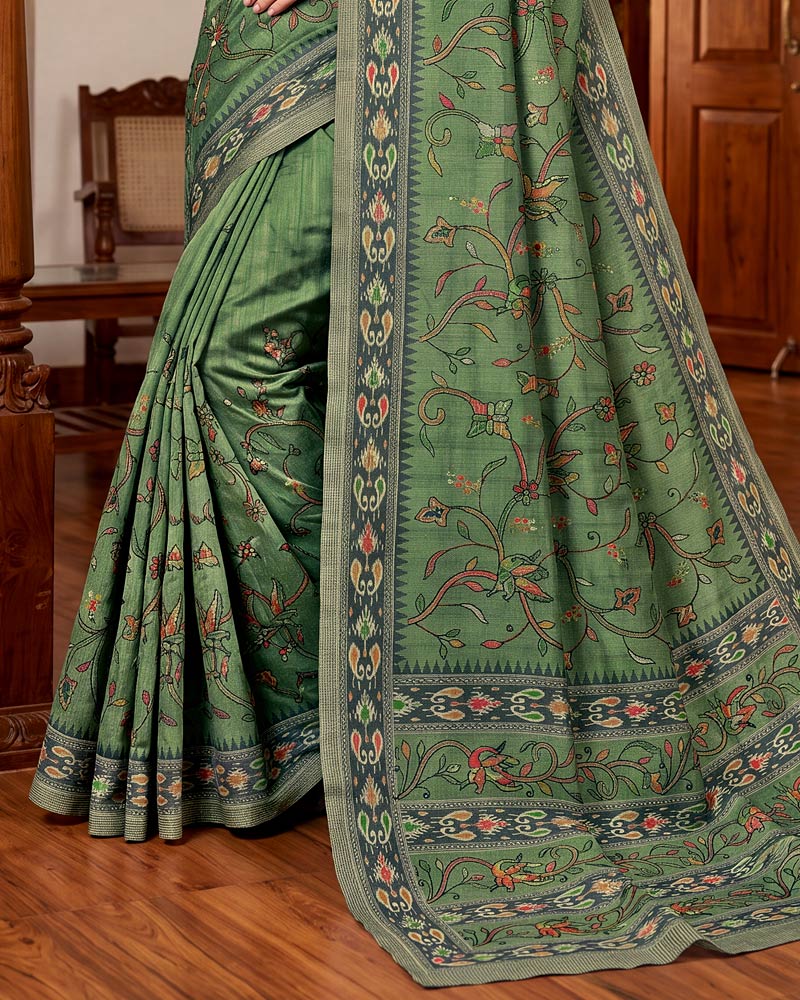 Vishal Prints Dark Sage Green Digital Print Tussar Silk Saree With Katha Work