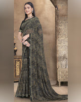 Vishal Prints Charcoal Grey Printed Georgette Saree With Fancy Border