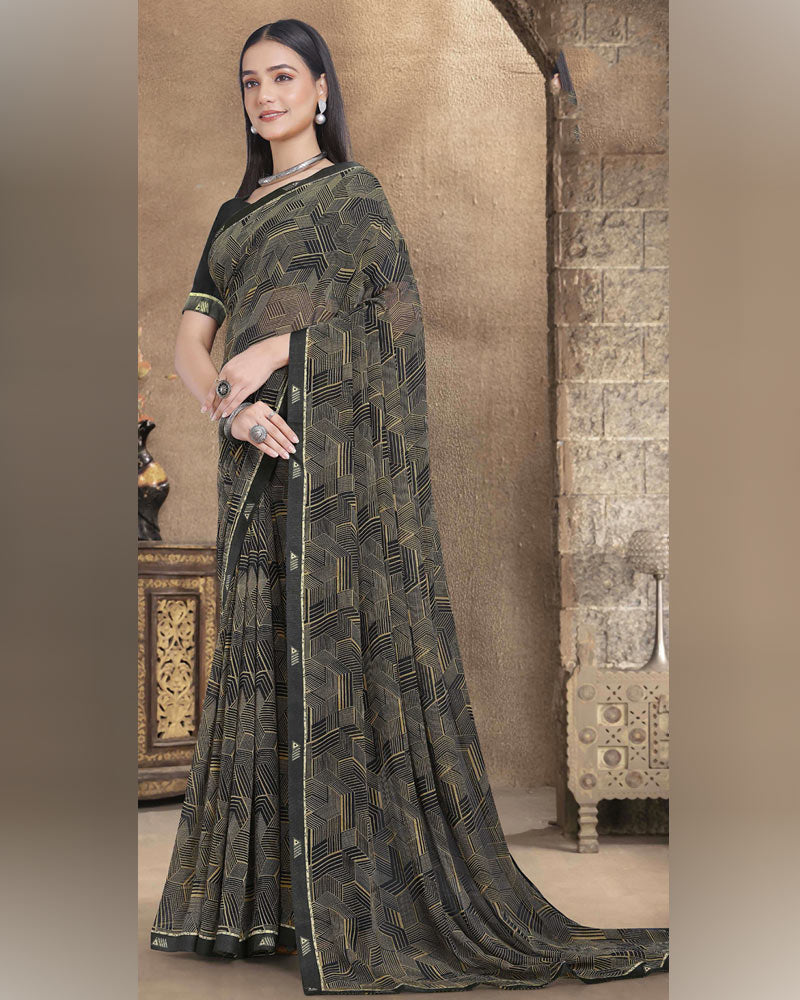 Vishal Prints Charcoal Grey Printed Georgette Saree With Fancy Border