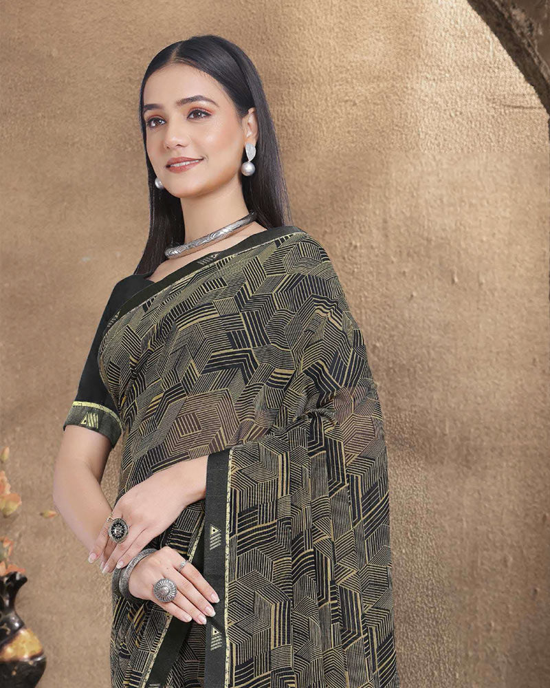 Vishal Prints Charcoal Grey Printed Georgette Saree With Fancy Border