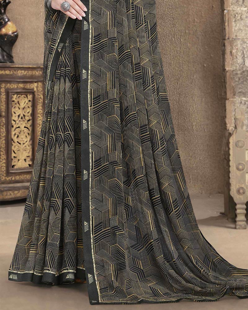 Vishal Prints Charcoal Grey Printed Georgette Saree With Fancy Border