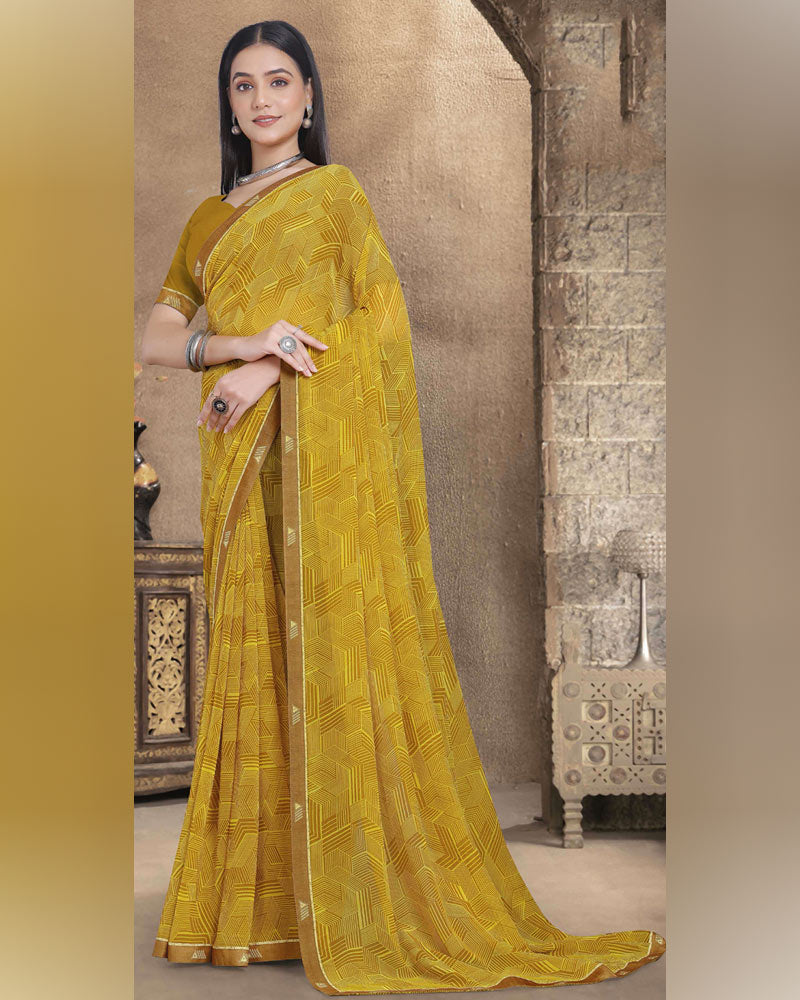 Vishal Prints Olive Yellow Printed Georgette Saree With Fancy Border
