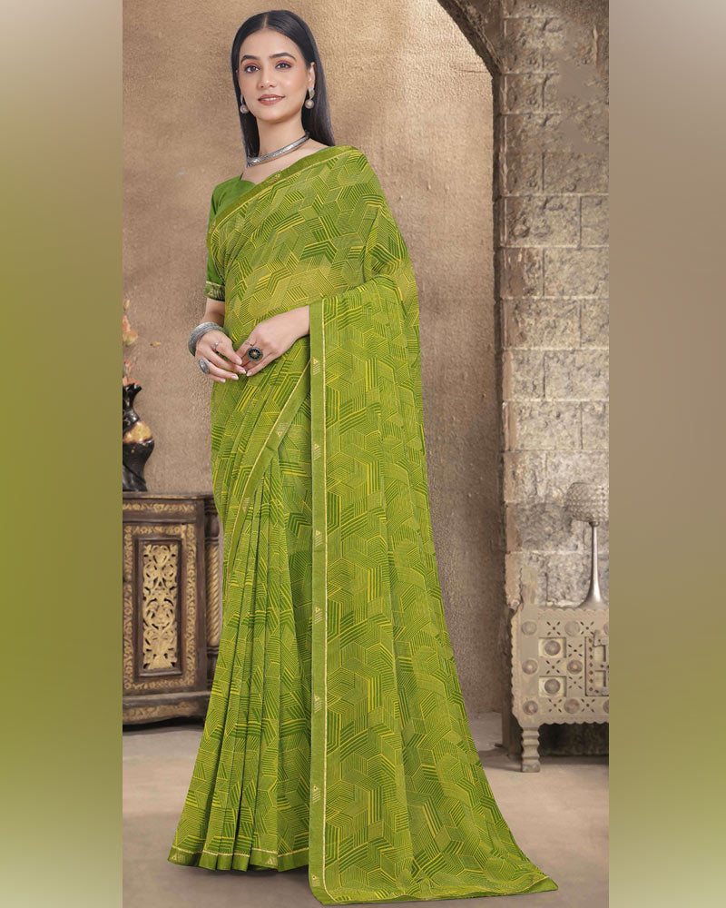 Vishal Prints Olive Green Printed Georgette Saree With Fancy Border