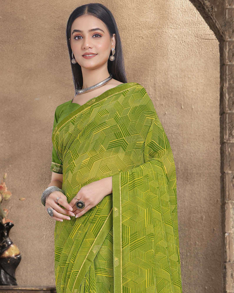 Vishal Prints Olive Green Printed Georgette Saree With Fancy Border