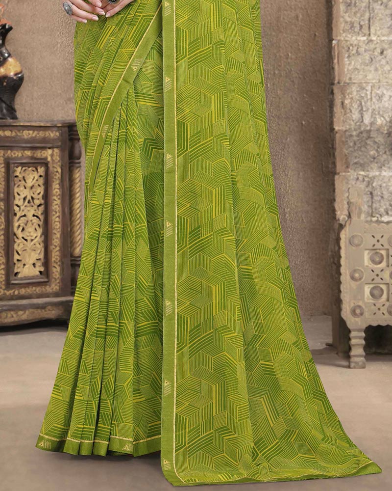 Vishal Prints Olive Green Printed Georgette Saree With Fancy Border