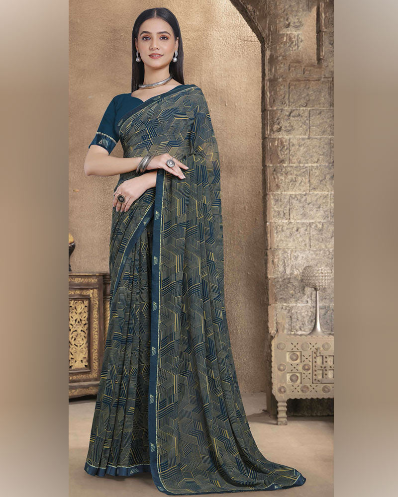 Vishal Prints Dark Ink Blue Printed Georgette Saree With Fancy Border