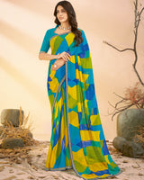 Vishal Prints Bondi Blue And Mustard Yellow Printed Georgette Saree With Fancy Border