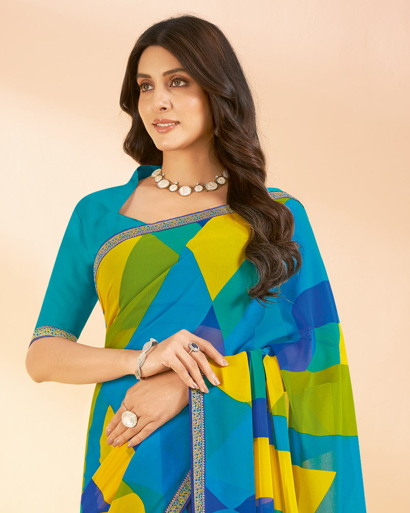 Vishal Prints Bondi Blue And Mustard Yellow Printed Georgette Saree With Fancy Border
