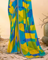 Vishal Prints Bondi Blue And Mustard Yellow Printed Georgette Saree With Fancy Border