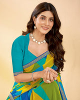 Vishal Prints Bondi Blue And Mustard Yellow Printed Georgette Saree With Fancy Border