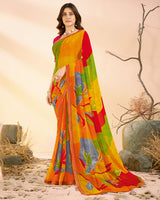 Vishal Prints Pumpkin Orange And Lava Red Printed Georgette Saree With Fancy Border