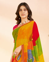 Vishal Prints Pumpkin Orange And Lava Red Printed Georgette Saree With Fancy Border