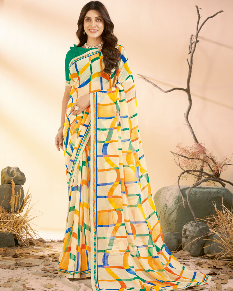 Vishal Prints Spanish Cream Printed Georgette Saree With Fancy Border